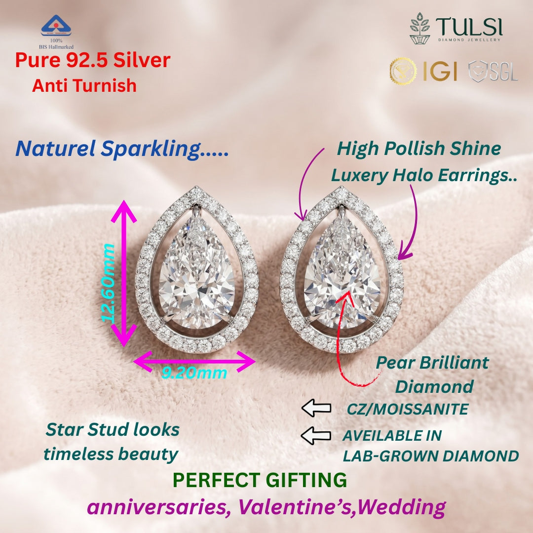 Solitaire Pear Halo Diamond Stud Earrings