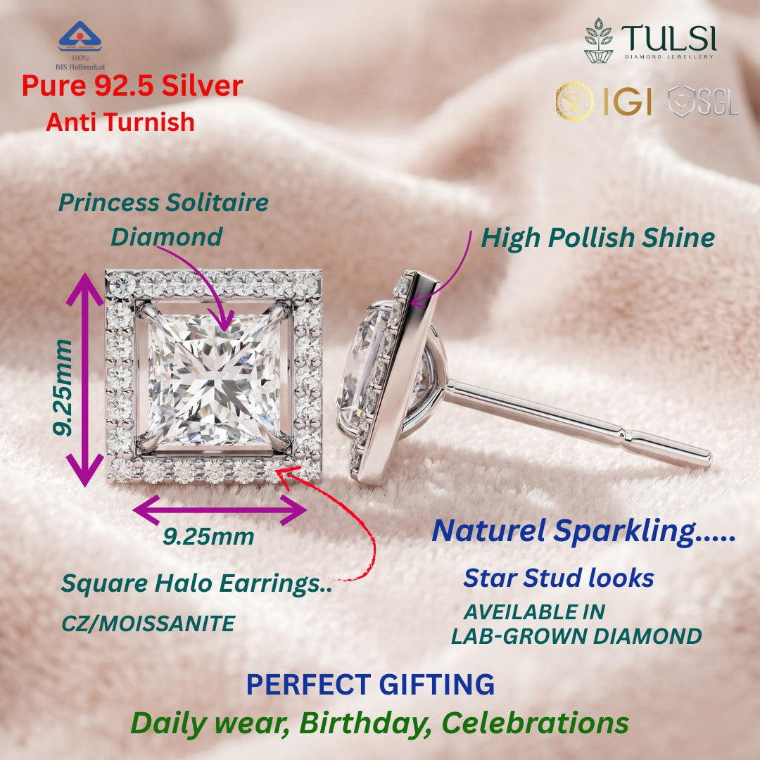 Solitaire Princess Halo Diamond Stud Earrings