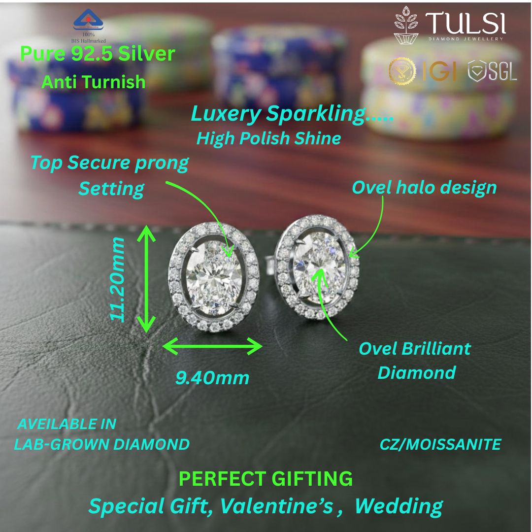 Solitaire Oval Halo Diamond Stud Earrings
