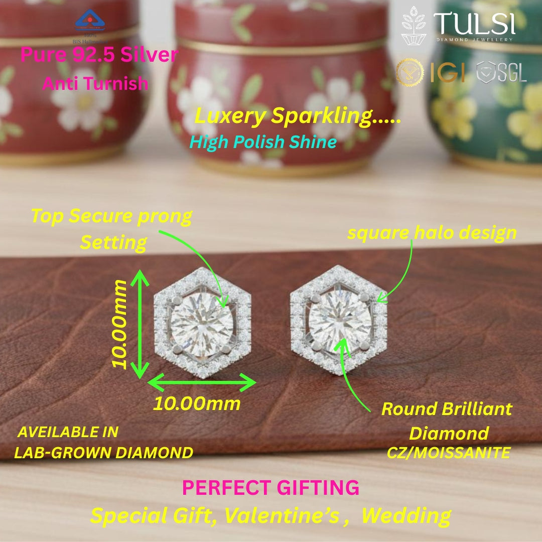 Solitaire Halo Hexagon Studs