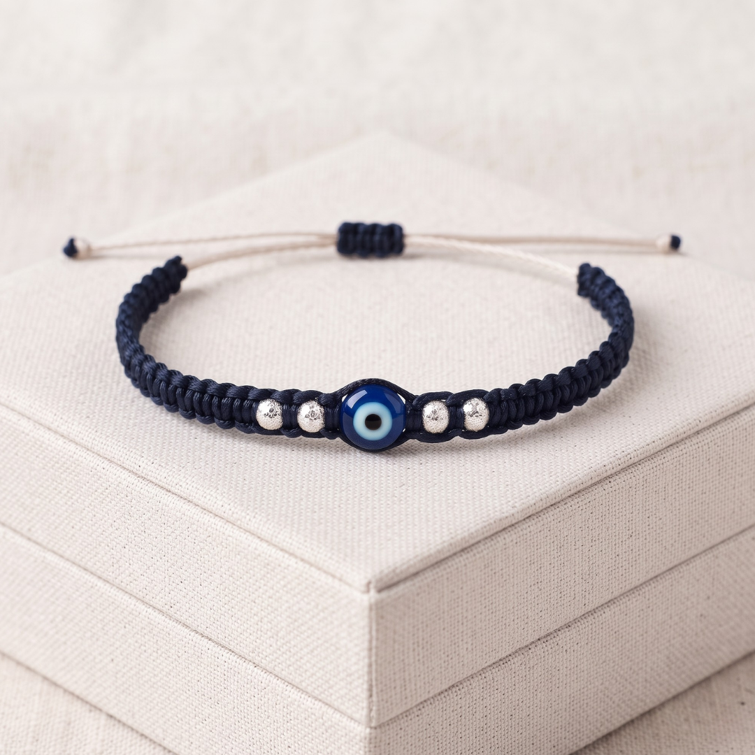 Handmade Pure Silver Evil Eye Bracelet with  Woven Thread