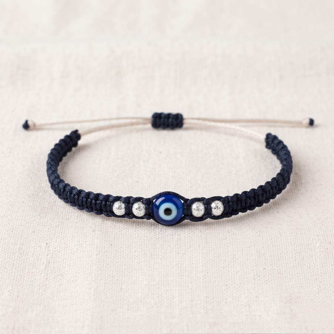 Handmade Pure Silver Evil Eye Bracelet with  Woven Thread