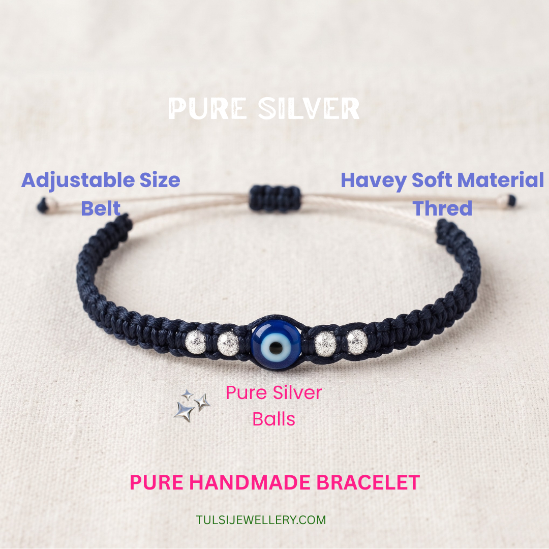 Handmade Pure Silver Evil Eye Bracelet with  Woven Thread