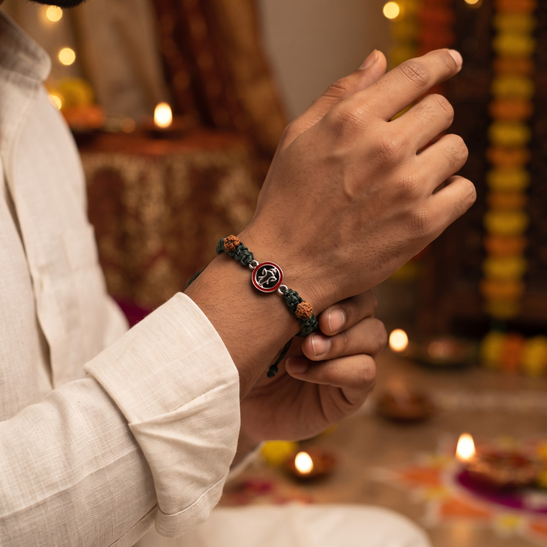 Divine Pure Silver Ganapati & Rudraksha Green Thread Bracelet / Rakhi