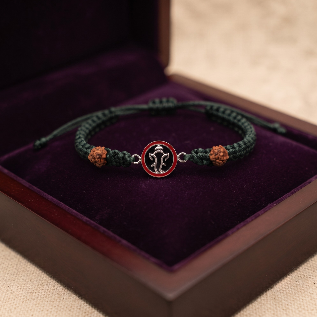 Divine Pure Silver Ganapati & Rudraksha Green Thread Bracelet / Rakhi