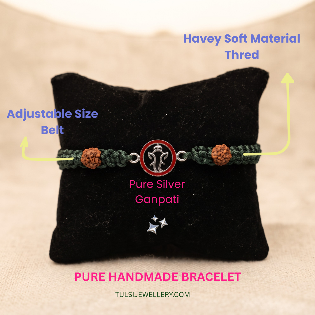 Divine Pure Silver Ganapati & Rudraksha Green Thread Bracelet / Rakhi