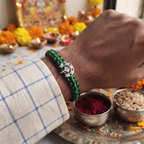 Divine Gada Pure Silver & Green Woven Bracelet/Rakhi
