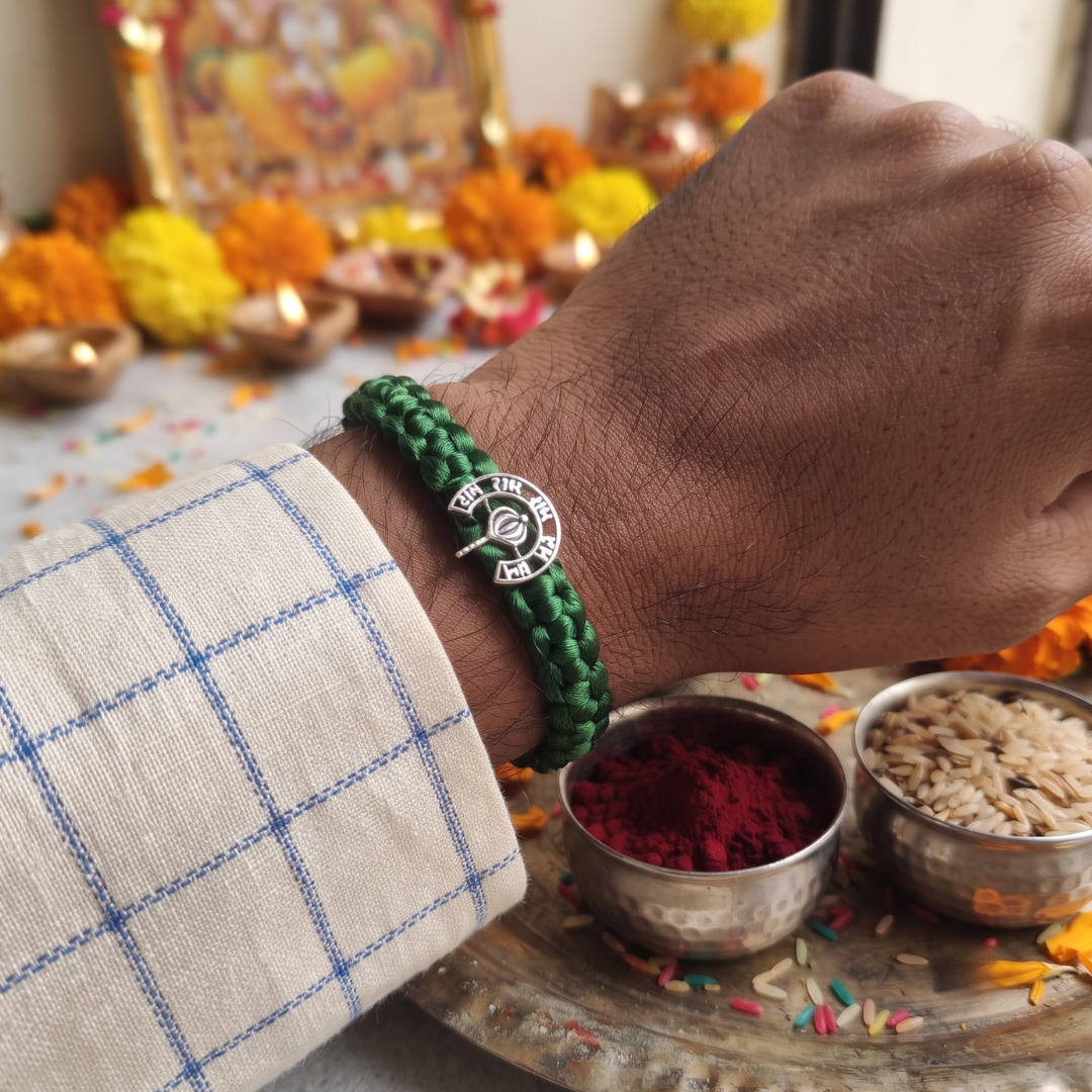 Divine Gada Pure Silver & Green Woven Bracelet/Rakhi
