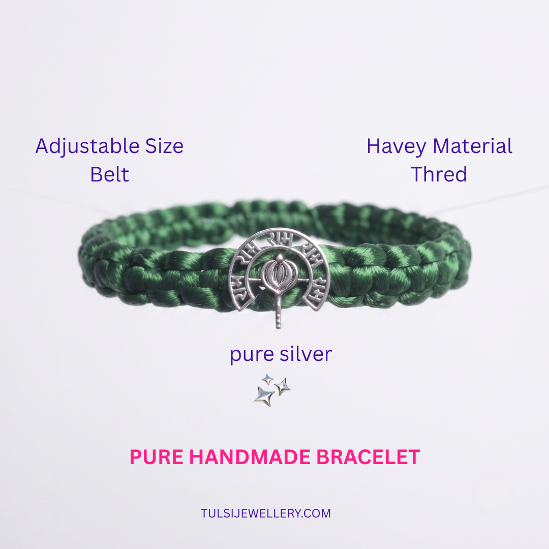 Divine Gada Pure Silver & Green Woven Bracelet/Rakhi