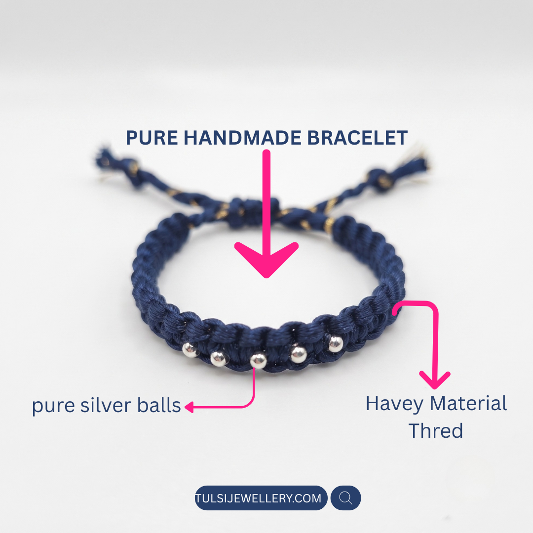 Tulsi Handcrafted Navy Blue Thread Bracelet with Pure Silver Balls