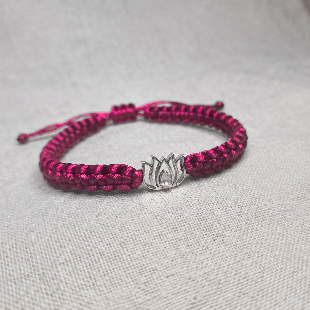 Graceful Lotus Pure Silver & Color Braided Thread Bracelet