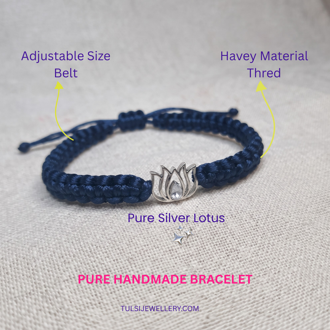 Graceful Lotus Pure Silver & Color Braided Thread Bracelet