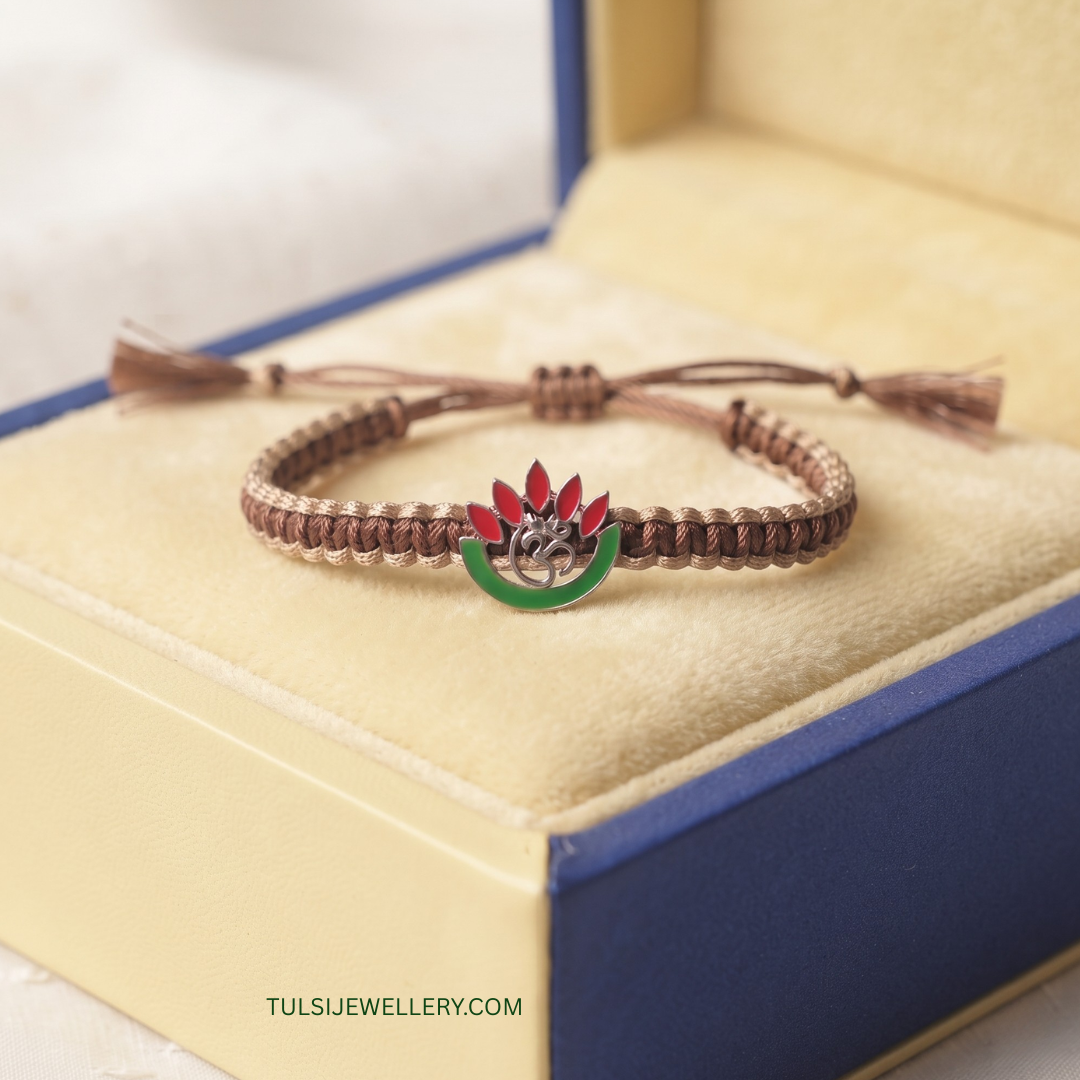 Divine Harmony Silver Lotus & OM Thread Bracelet/Rakhi