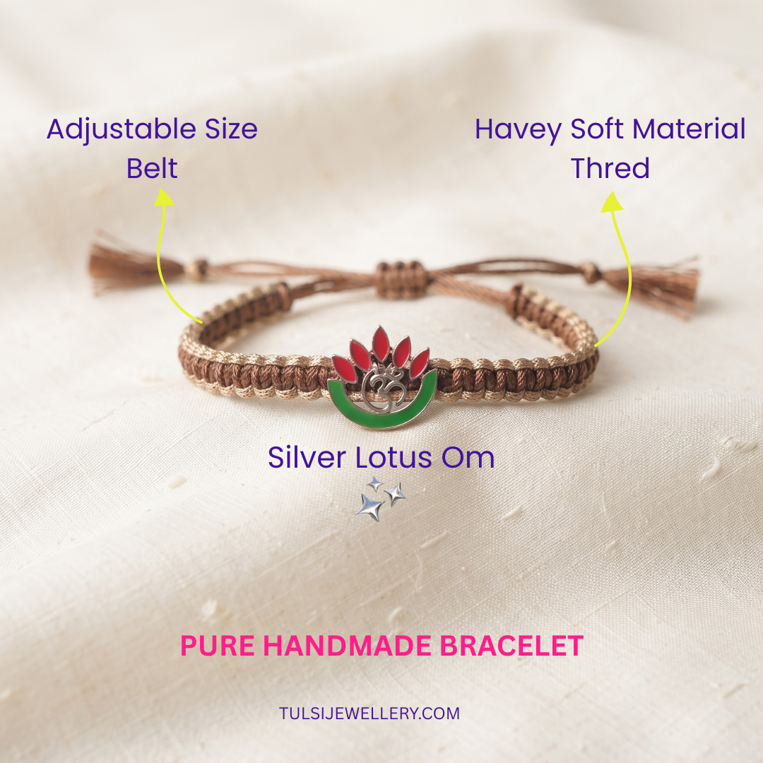 Divine Harmony Silver Lotus & OM Thread Bracelet/Rakhi