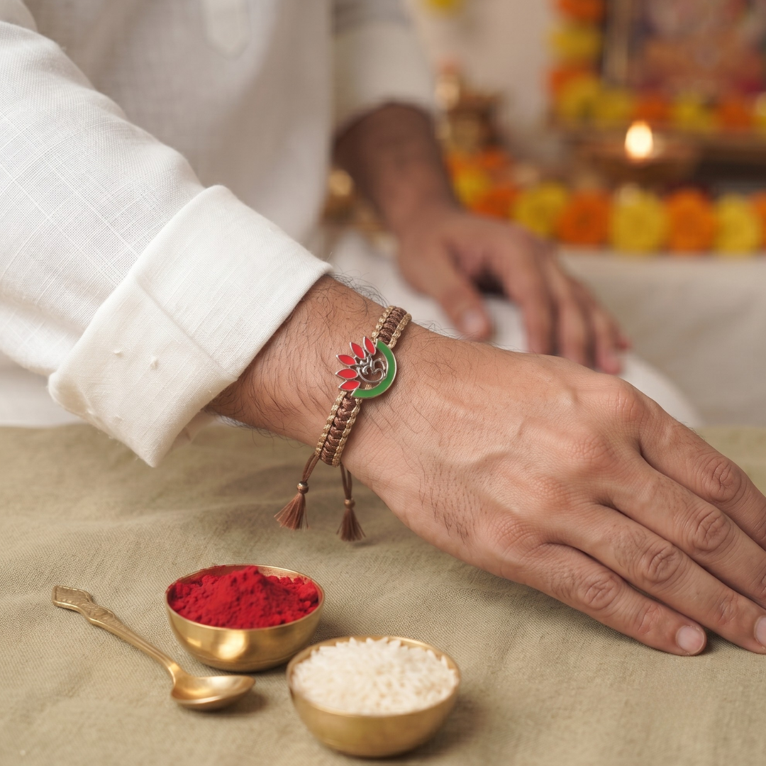 Divine Harmony Silver Lotus & OM Thread Bracelet/Rakhi