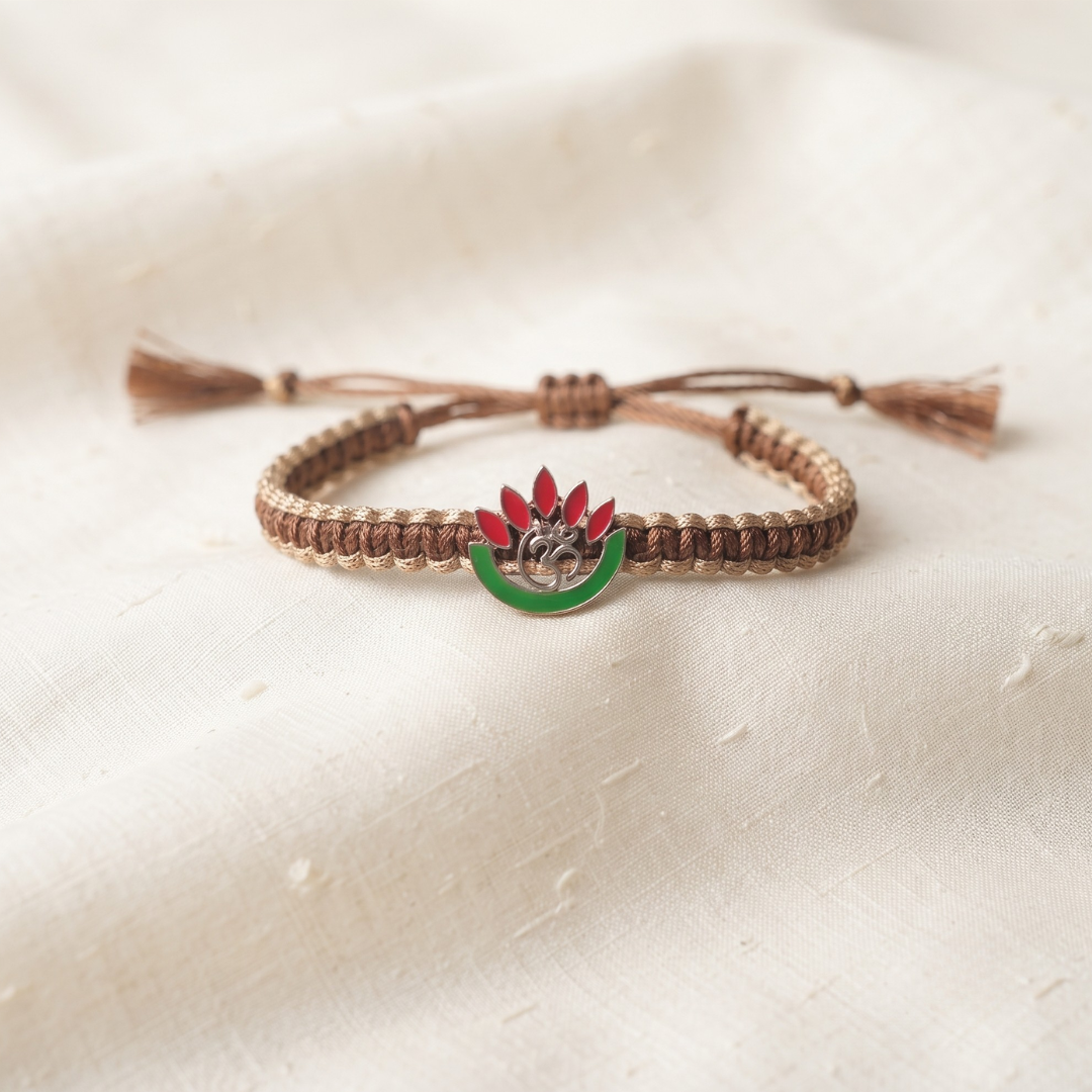 Divine Harmony Silver Lotus & OM Thread Bracelet/Rakhi