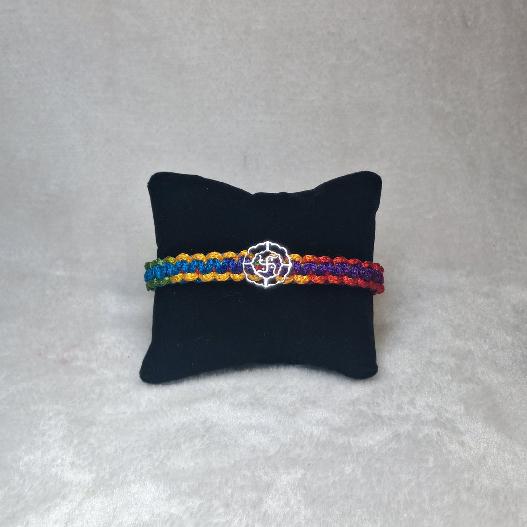 Designer Multi-Color Thread Silver Rakhi with Swastika Motif