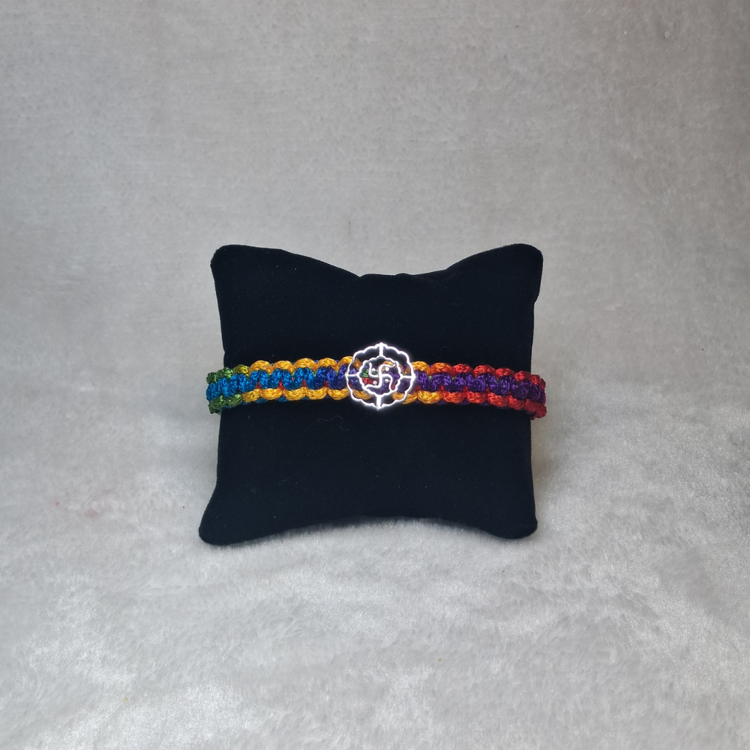 Designer Multi-Color Thread Silver Rakhi with Swastika Motif