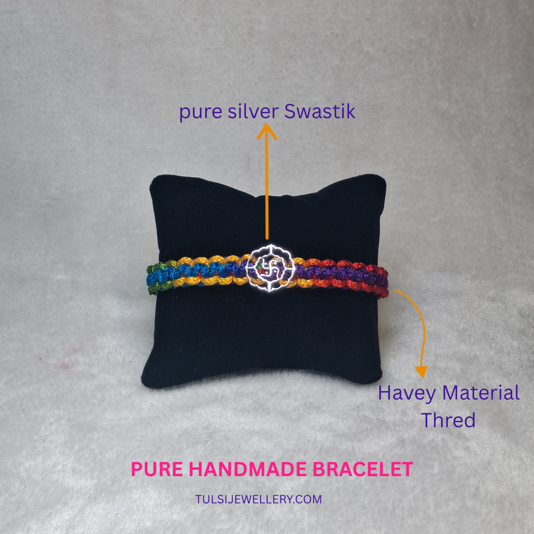 Designer Multi-Color Thread Silver Rakhi with Swastika Motif