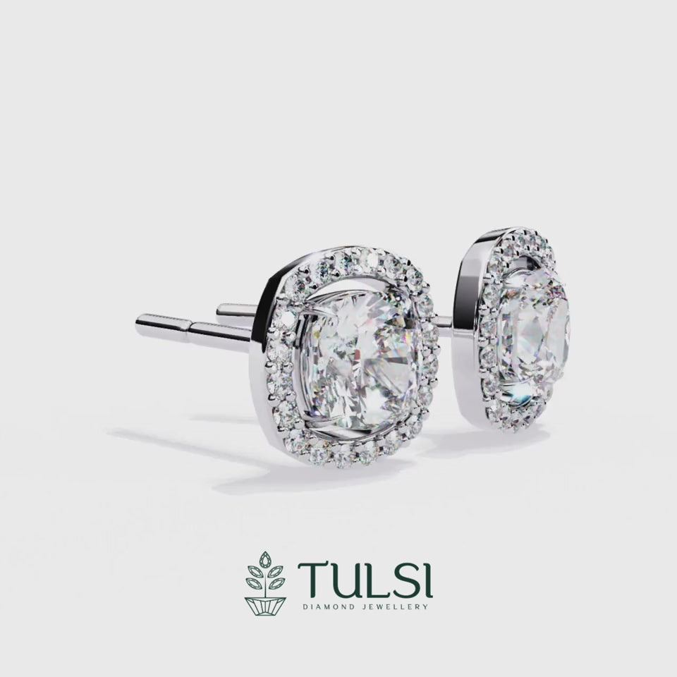 Sparkle Cushion Halo Diamond Stud Earrings