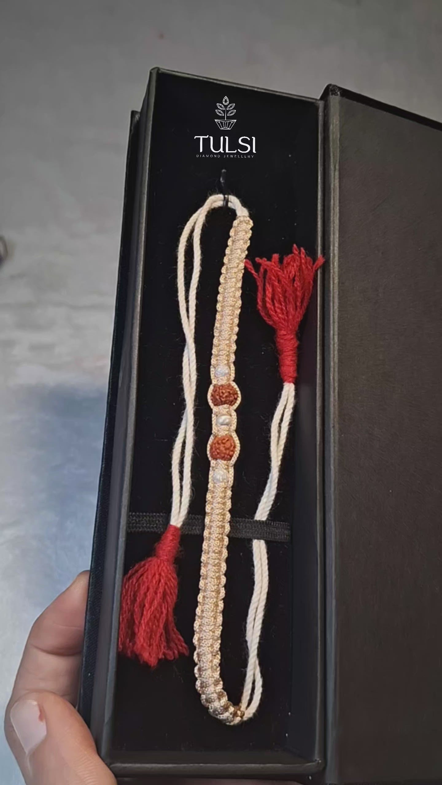 Divine Rudraksha & Silver Balls And Gold Thread Bracelet / Rakhi