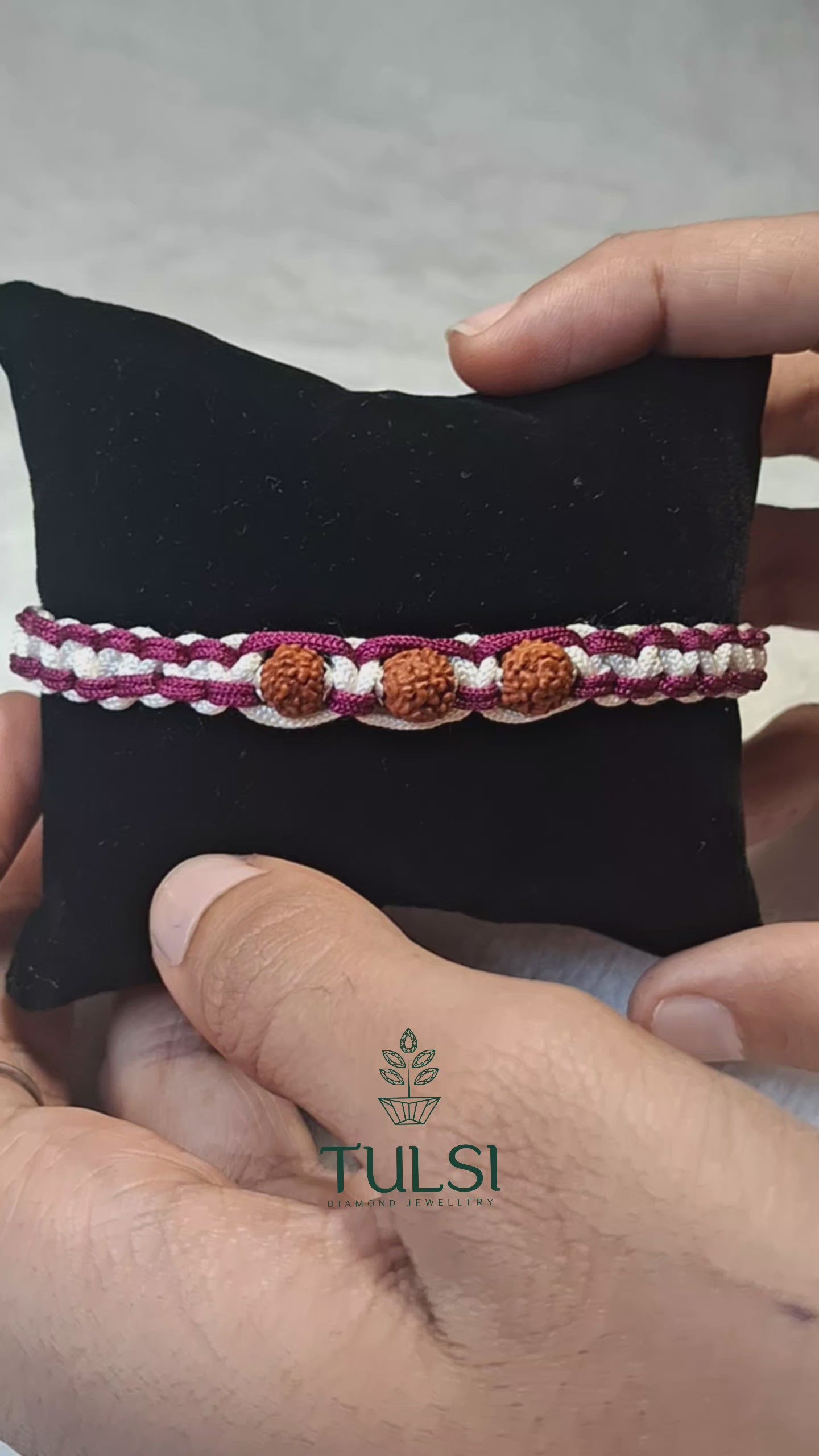 Sacred Maroon & White Braided Rudraksha Band With Silver Cap