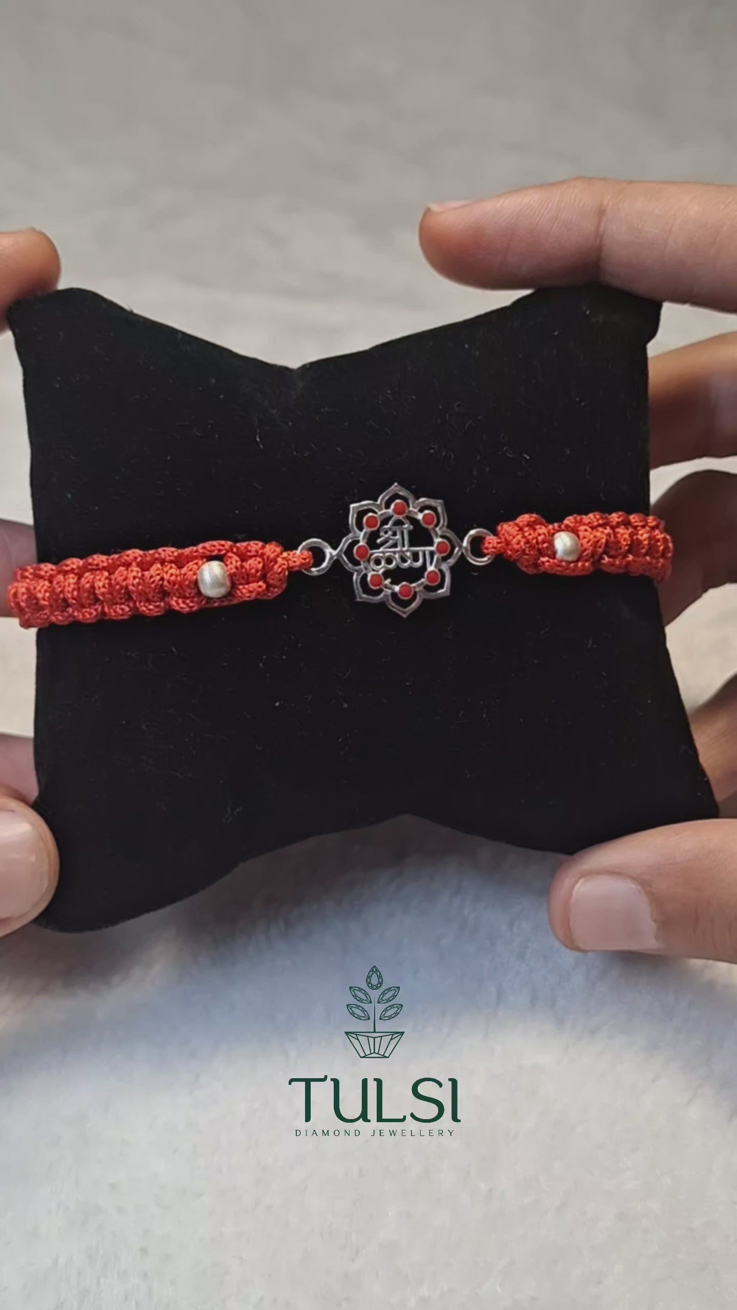 Traditional Elegance Silver Balls & Shree Krishna Red Band/Rakhi