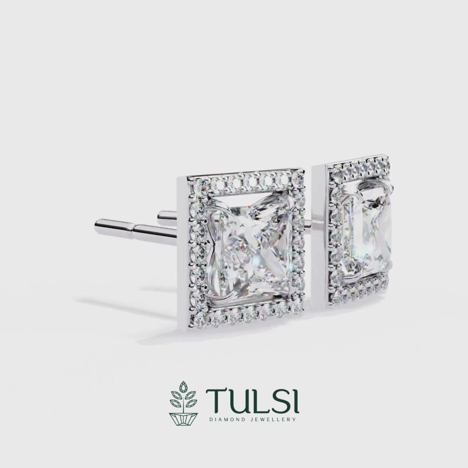 Solitaire Princess Halo Diamond Stud Earrings