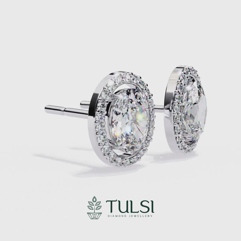 Solitaire Oval Halo Diamond Stud Earrings