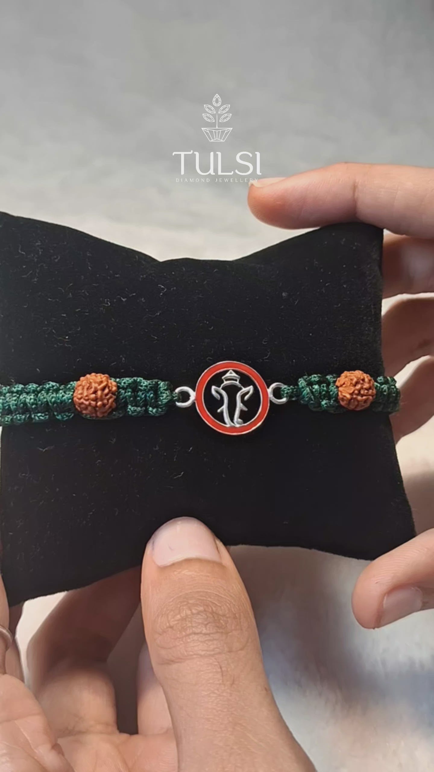 Divine Pure Silver Ganapati & Rudraksha Green Thread Bracelet / Rakhi