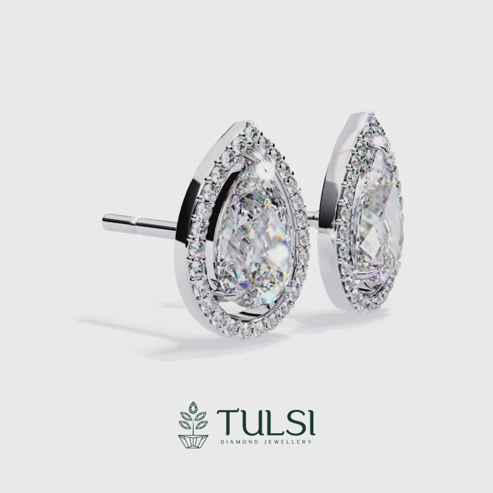 Solitaire Pear Halo Diamond Stud Earrings