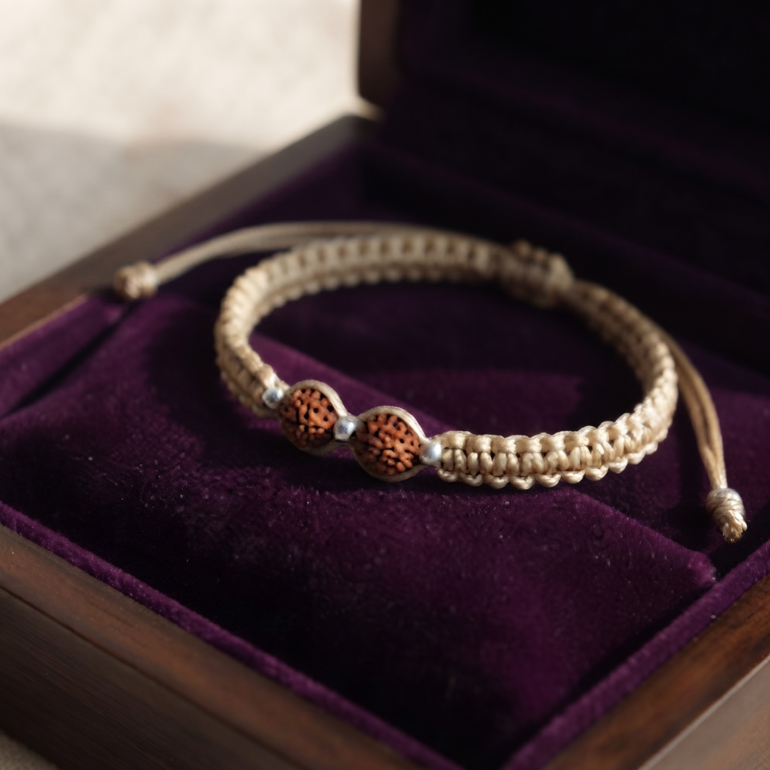 Divine Rudraksha & Silver Balls And Gold Thread Bracelet / Rakhi