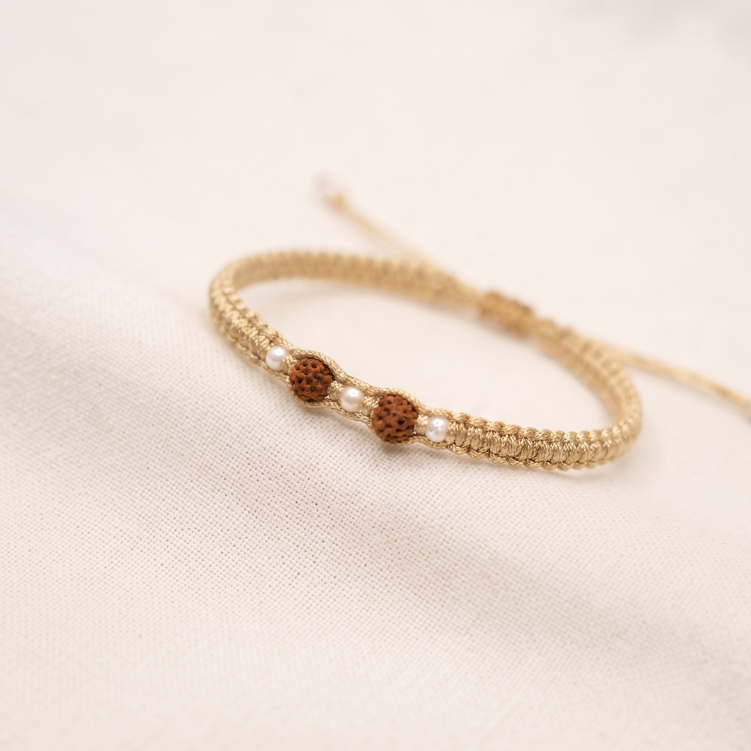 Divine Rudraksha & Silver Balls And Gold Thread Bracelet / Rakhi