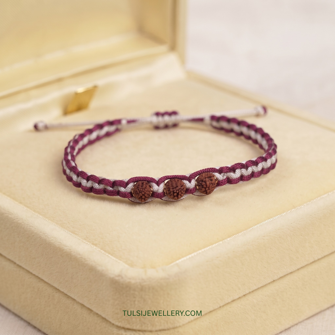 Sacred Maroon & White Braided Rudraksha Band With Silver Cap