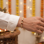 Divine Rudraksha & Silver Balls And Gold Thread Bracelet / Rakhi