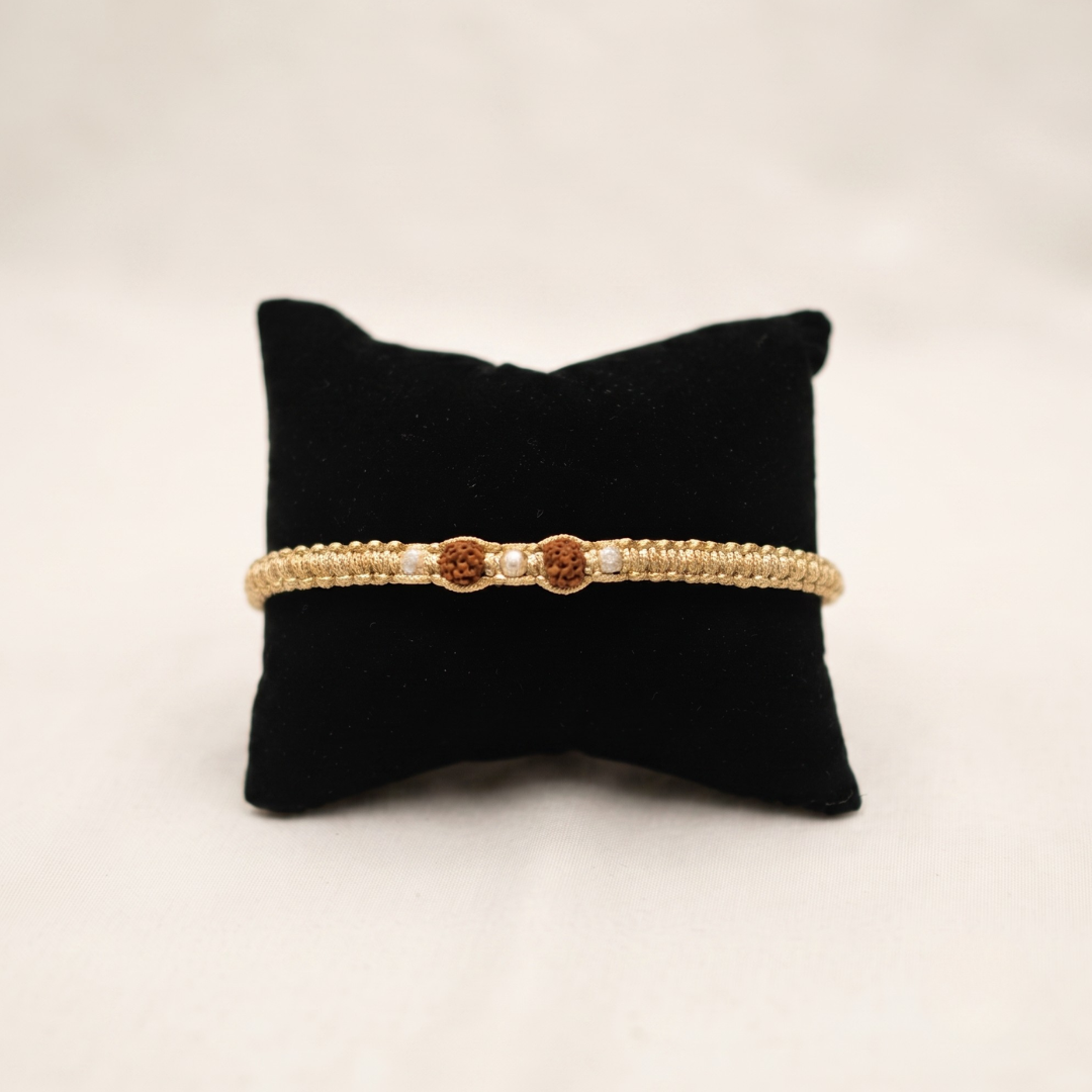 Divine Rudraksha & Silver Balls And Gold Thread Bracelet / Rakhi