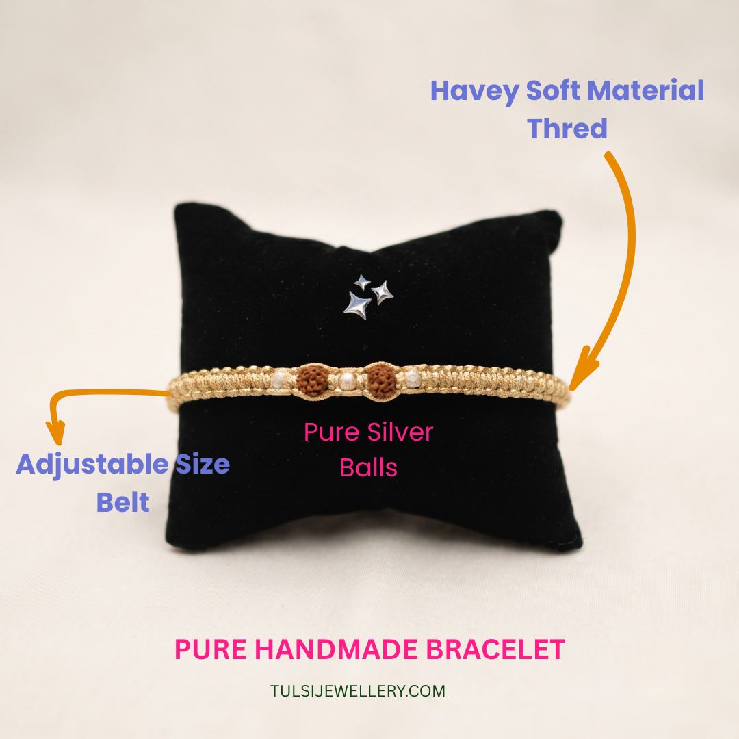 Divine Rudraksha & Silver Balls And Gold Thread Bracelet / Rakhi