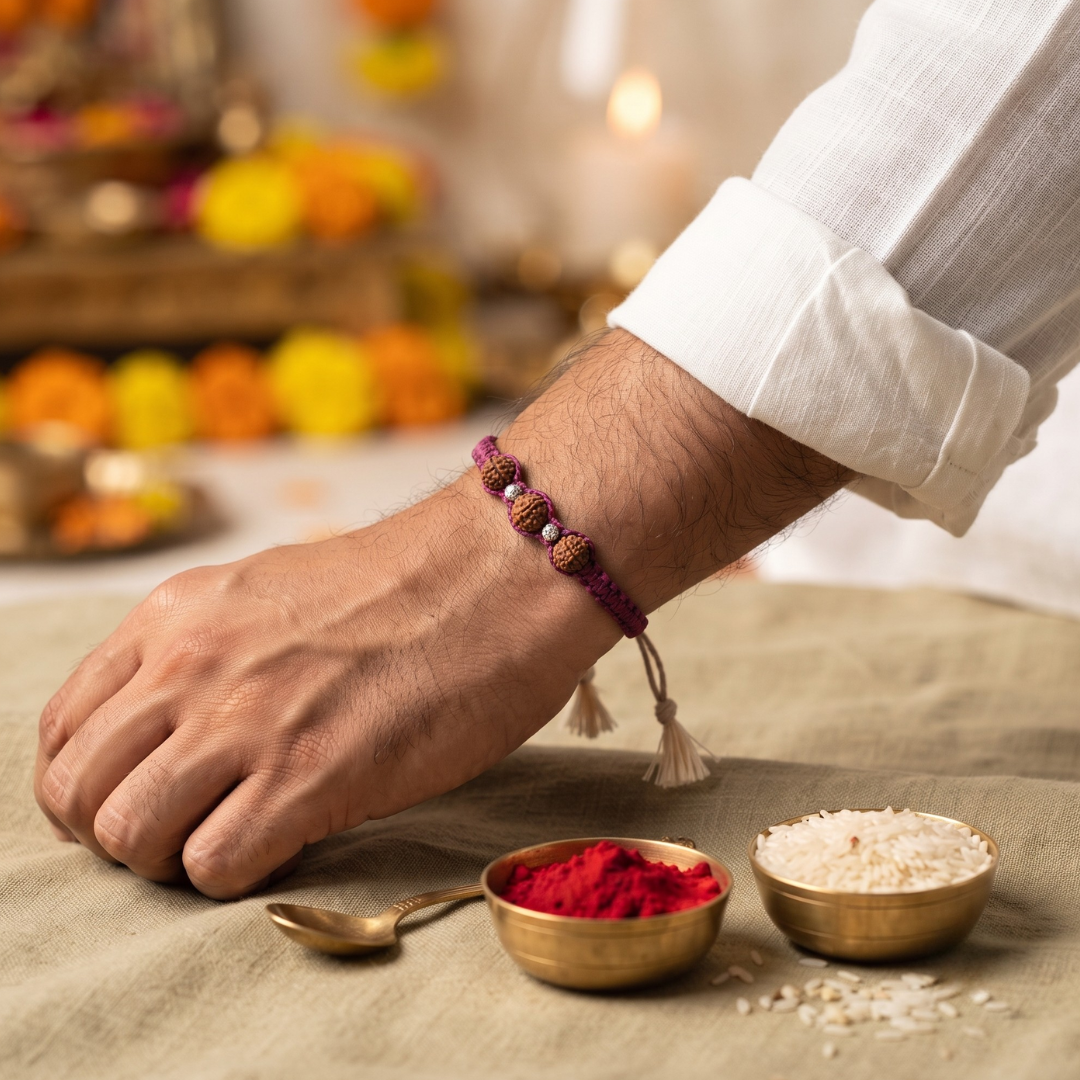 Sacred Rudraksha with Silver Accents Braided Rakhi
