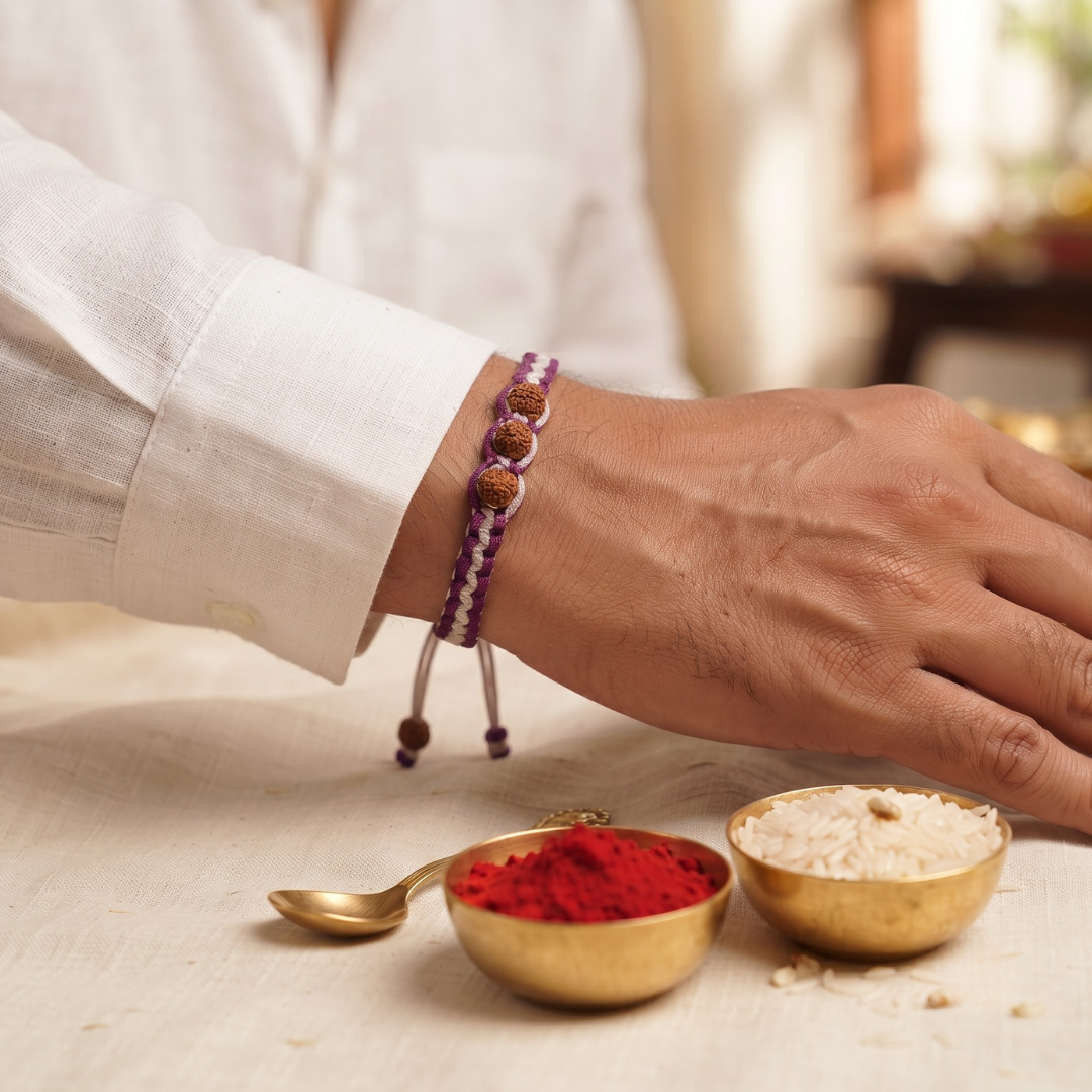 Sacred Maroon & White Braided Rudraksha Band With Silver Cap