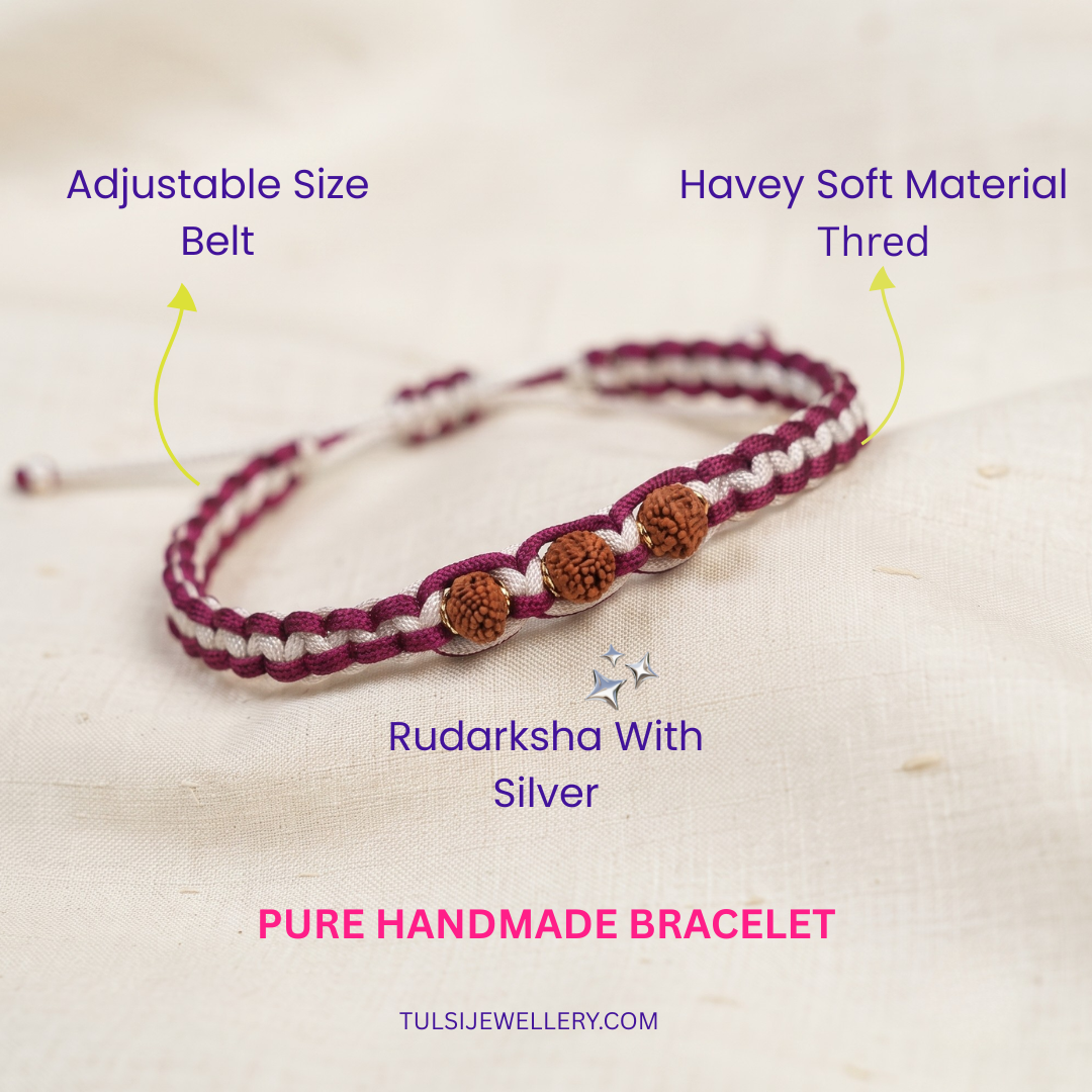 Sacred Maroon & White Braided Rudraksha Band With Silver Cap