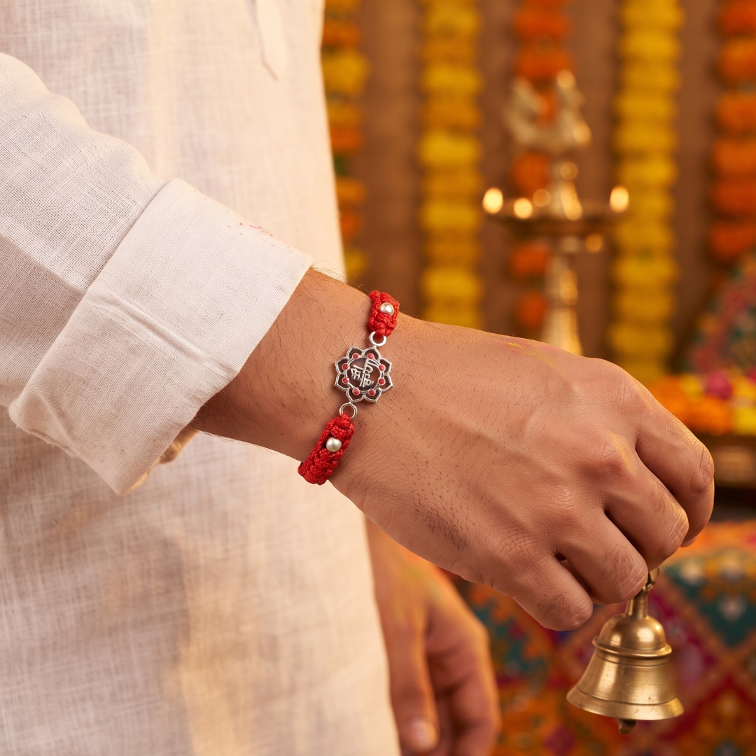 Traditional Elegance Silver Balls & Shree Krishna Red Band/Rakhi