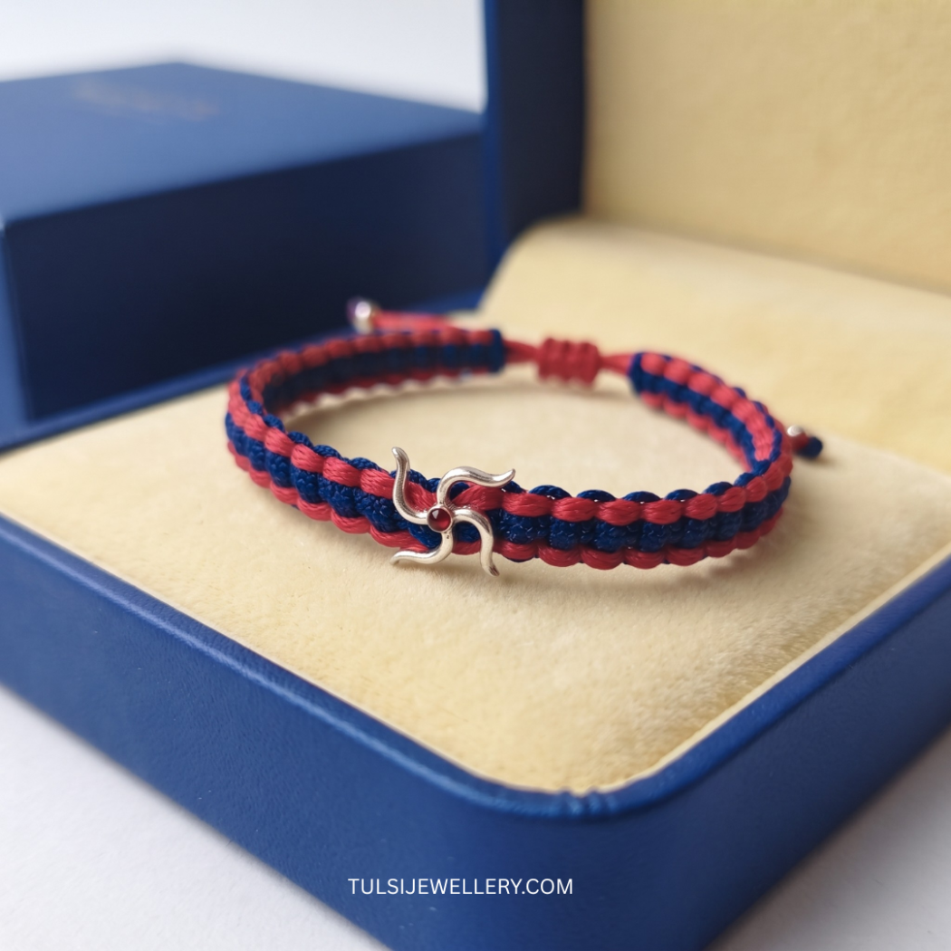 Auspicious Swastika Pure Silver & Dual-Tone Thread Bracelet