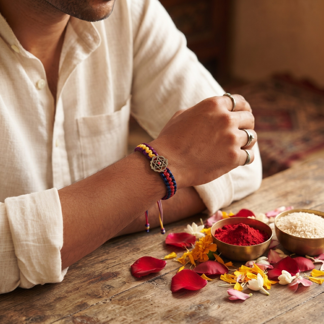 Divine Pure Silver Sri Yantra Multi-Color Thread Bracelet / Rakhi