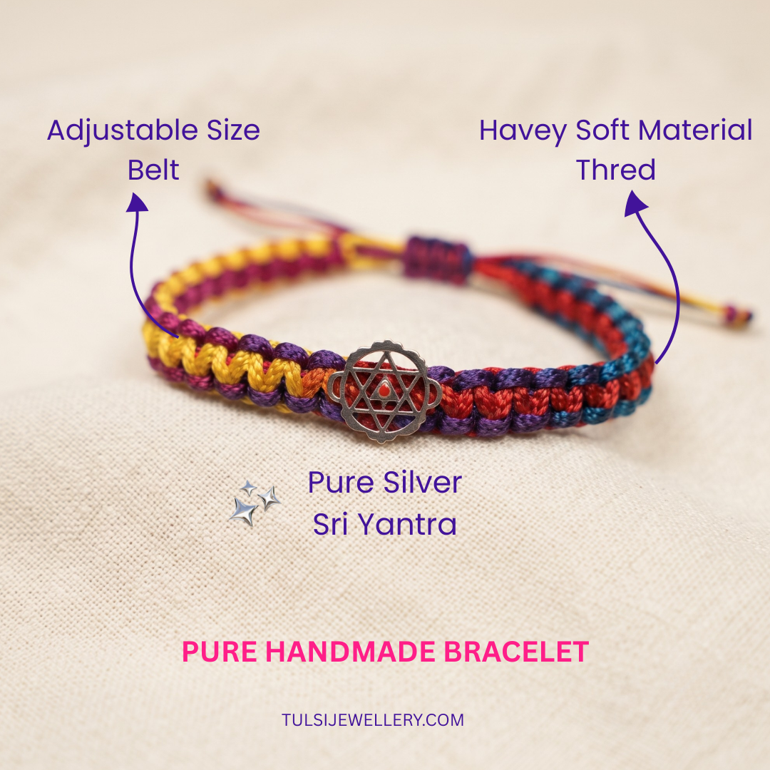 Divine Pure Silver Sri Yantra Multi-Color Thread Bracelet / Rakhi